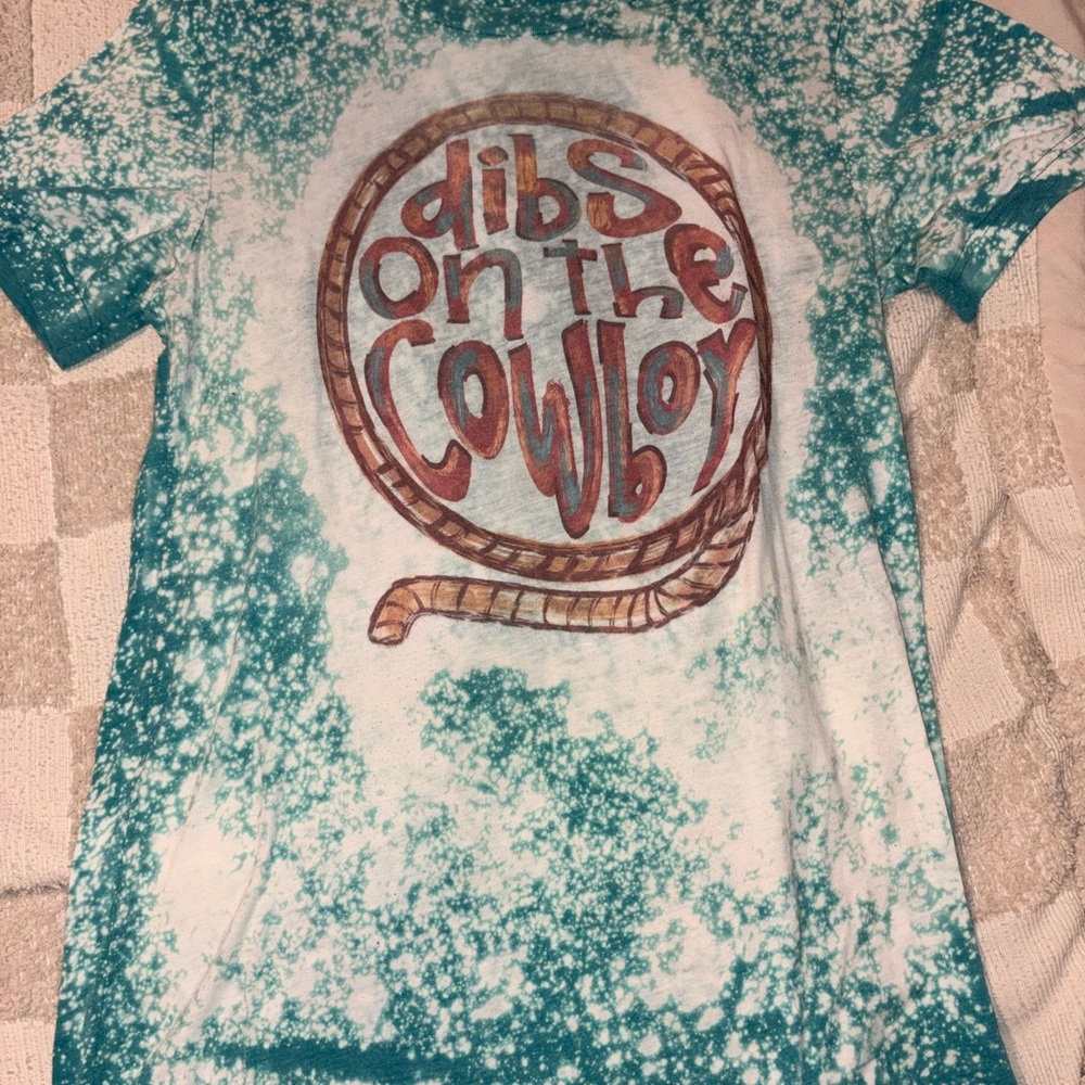 Women's Western Teal and White Tie-Dye Graphic Tee - 'Dibs on the Cowboy'